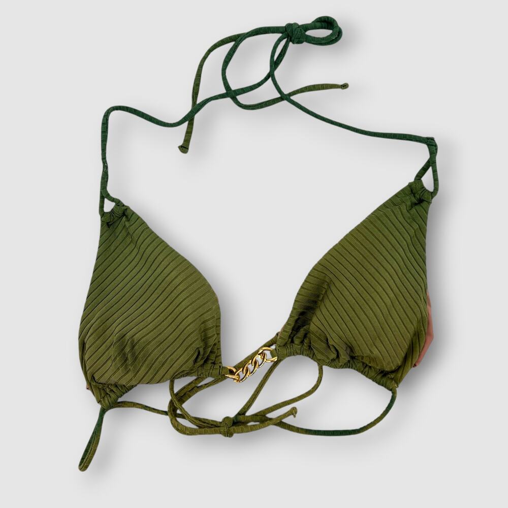 PQ Swim Ribbed Triangle Bikini Set Olive Green Gold Chain Detail Large - Picture 8 of 8